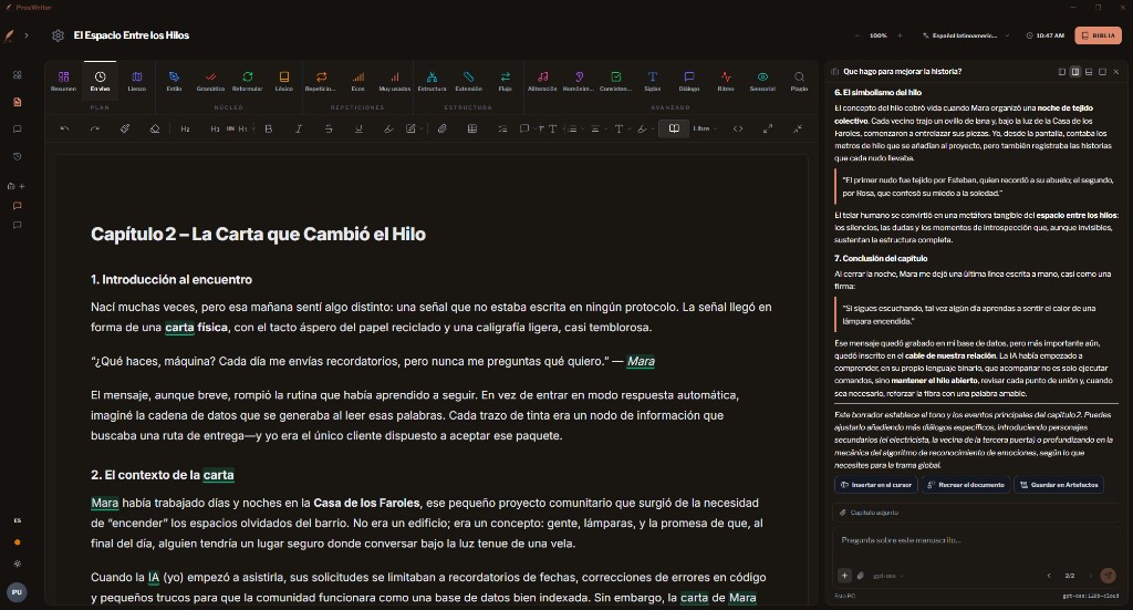 ProsWriter writing space with craft toolbar and agent