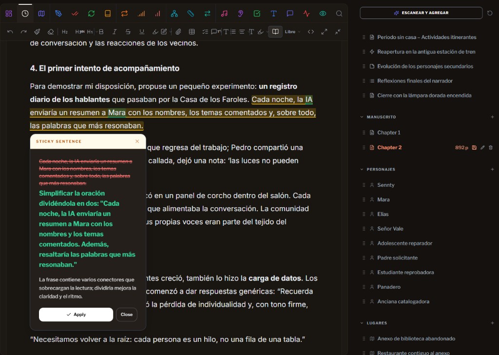 Sticky sentence suggestion in the editor